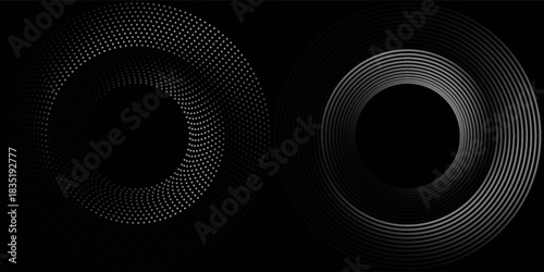 et of black thick halftone dotted speed lines. Speed lines in circle form. Geometric art. Design element for frame, logo, tattoo, web pages, prints, posters, template, abstract vector background.