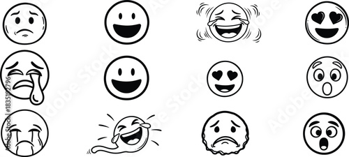 Collection of hand drawn cartoon emoticons with different expressions
