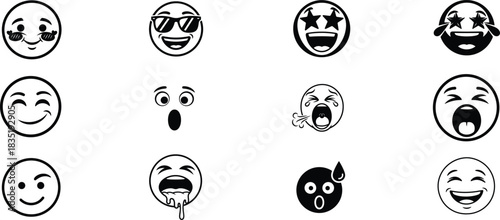 Collection of various cartoon emoji faces in black and white