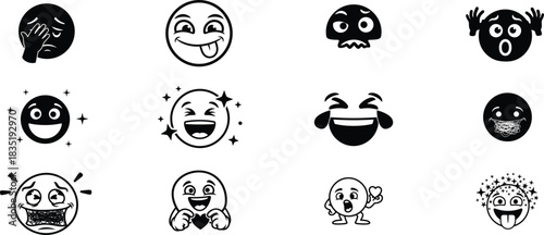 Cartoon face expressions set in black and white style
