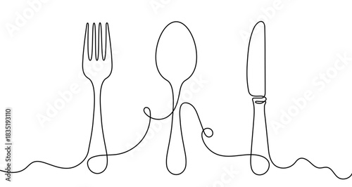 Continuous one line drawing of a set of cutlery: fork, spoon, and knife. Utensils drawing with editable black stroke on white background. Vector illustration.