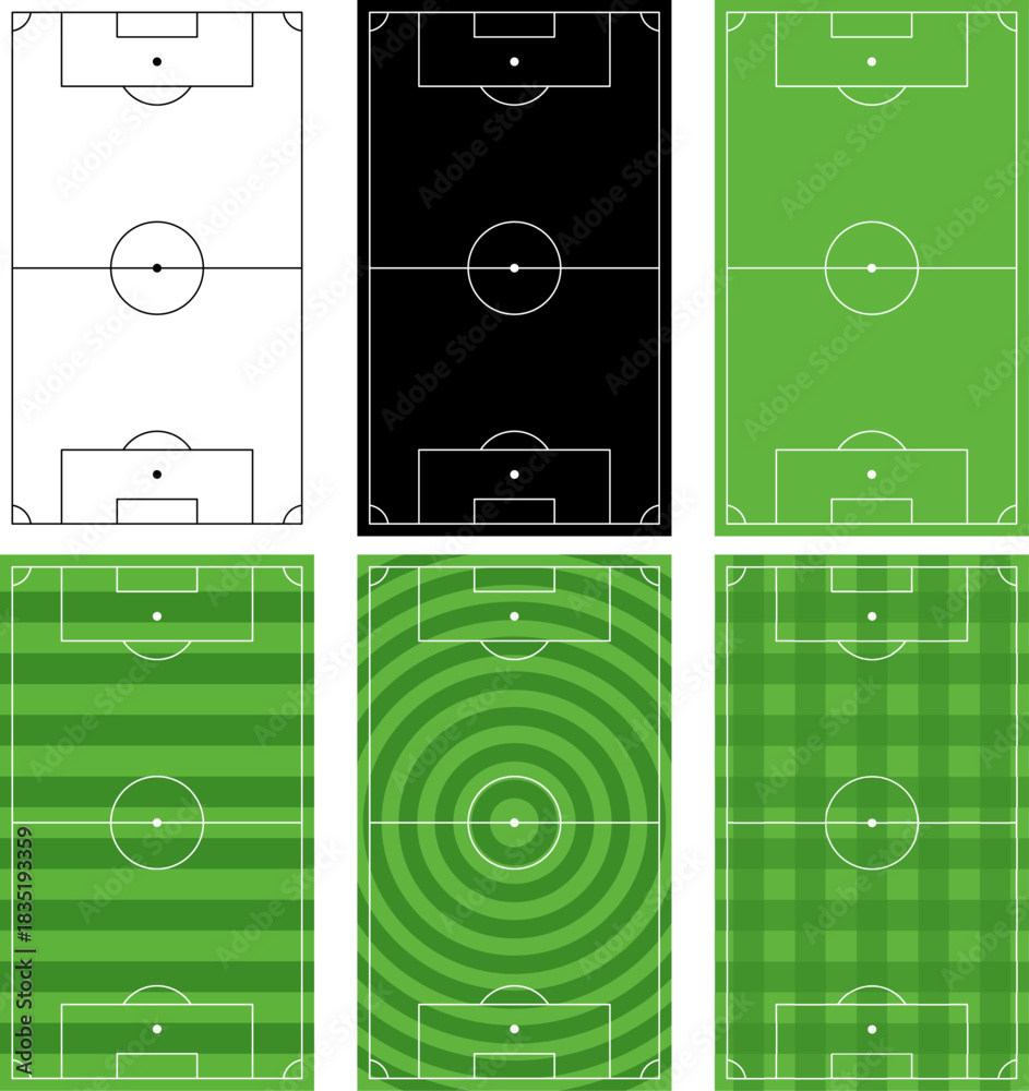 Naklejka premium Set of top-view soccer field designs featuring striped, solid, and patterned grass styles. Ideal for sports graphics, tactics diagrams, coaching materials, apps, and football projects.