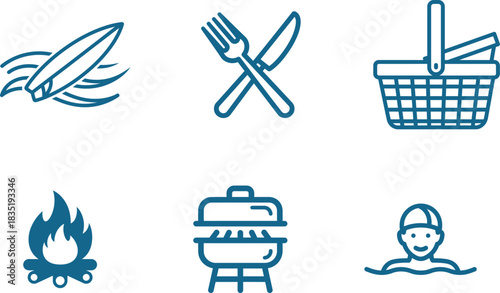 Outdoors Activities Summer Time Icons Set for Design and Illustration of Relaxing Vacation and Recreational Activities with Surfing Swimming Grilling and Picnic Fun