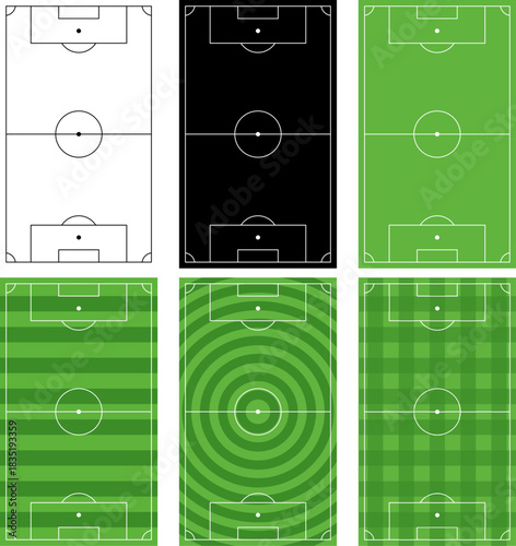 Set of top-view soccer field designs featuring striped, solid, and patterned grass styles. Ideal for sports graphics, tactics diagrams, coaching materials, apps, and football projects.
