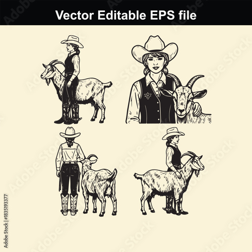 collection of four vector illustrations featuring female rancher or farmer characters wearing cowboy hats and western attire interacting with goats, suitable for agricultural or western themes