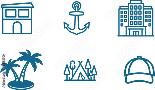 Set of summer travel icons featuring beach houses anchors hotels palm trees camping tents and baseba
