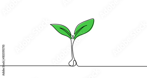 Continuous one line drawing of a young green sprout with two leaves. Plant drawing with editable black stroke on white background. Vector illustration.