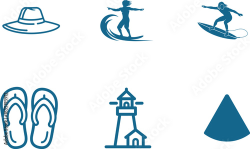 Summer beach vacation icons set featuring surfing lighthouse flip flops hat and watermelon slice showcasing a seaside holiday theme with relaxation adventure and iconic beach elements