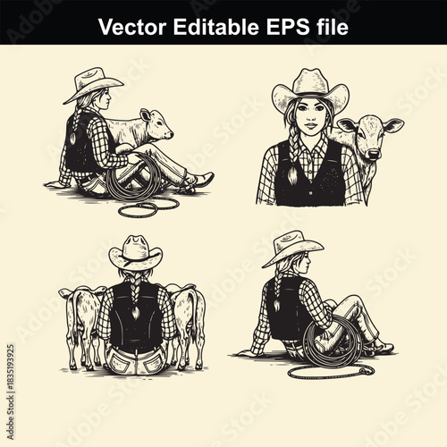collection of four black and white vector illustrations depicting a female rancher or cowgirl interacting with calves, showcasing different poses and perspectives