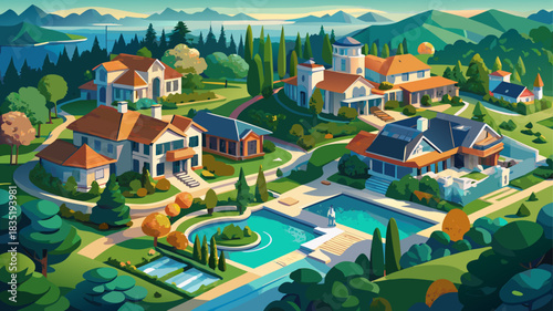 Very beautiful aerial view of luxury homes nestled among dense green trees, surrounding a calm lake, showing spacious properties, swimming pools, and peaceful upscale living in a lush suburban environ