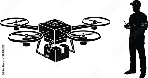 Vector Illustration of a Delivery Drone Carrying a Package while Controlled by a Technician or Pilot Silhouette, Representing Future Logistics and E-commerce Shipping Technology