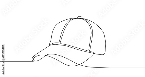 Continuous one line drawing of a baseball cap with a curved visor. Drawing of a sport headwear with editable black stroke on white background. Vector illustration.