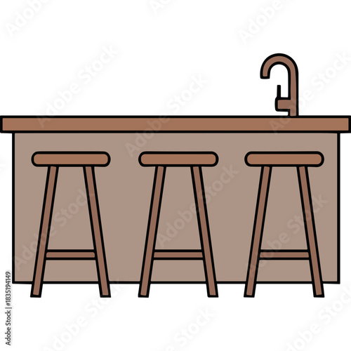 Three wooden bar stools lined up at a neutral toned kitchen counter with a faucet in a simple flat illustration style