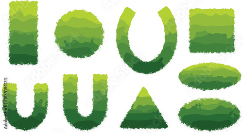 Vector Illustration Set of Eight Abstract Shapes with Green Gradient, Fuzzy Edges, and Textured Layers, Ideal for Modern Background or Frame Design.