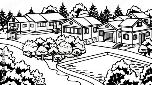 Very beautiful aerial view of luxury homes nestled among dense green trees, surrounding a calm lake, showing spacious properties, swimming pools, and peaceful upscale living in a lush suburban environ