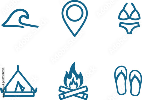 Summer Vacation and Holiday Vector Icons Featuring Beach Activities with a Wave Bikini Campfire Tent and Flipflops for Relaxation and Adventure at a Destination Marked on a Map