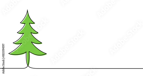 Continuous one line drawing of a green Christmas tree silhouette. Drawing of a coniferous tree with editable black stroke on white background. Vector illustration.