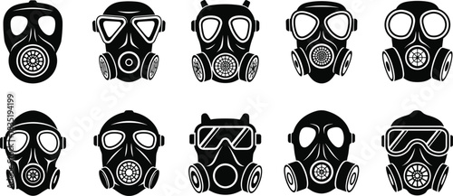 Vector Illustration Set of Gas Mask Silhouettes, Including Various Respirator Styles for Protection Against Chemical, Biological, and Radiological Hazards, Ideal for Safety and Danger Graphics