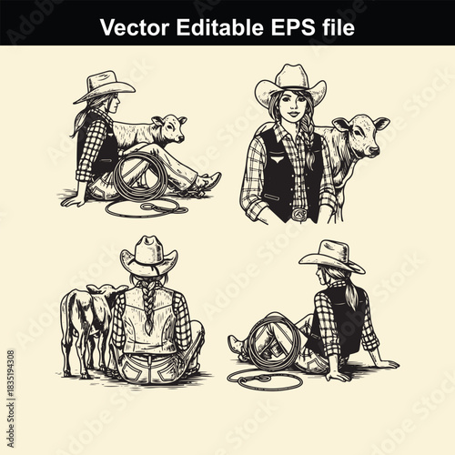 vector illustration set featuring four different poses of a cowgirl wearing a cowboy hat and vest, often accompanied by a calf or cow, presented in a sketch style