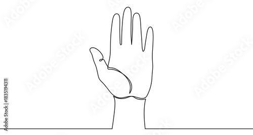 Continuous one line drawing of an open human palm raised vertically. Drawing of a hand with editable black stroke on white background. Vector illustration.