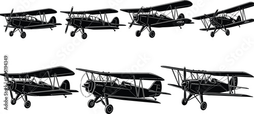 Vector Silhouette Set of Classic Vintage Biplanes and Old Propeller Aircraft, Side View, Representing Early Aviation, Historical Warplanes, and Retro Flight Technology Graphics