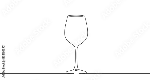 Continuous one line drawing of an empty wine glass. Drawing of a stemmed vessel with editable black stroke on white background. Vector illustration.