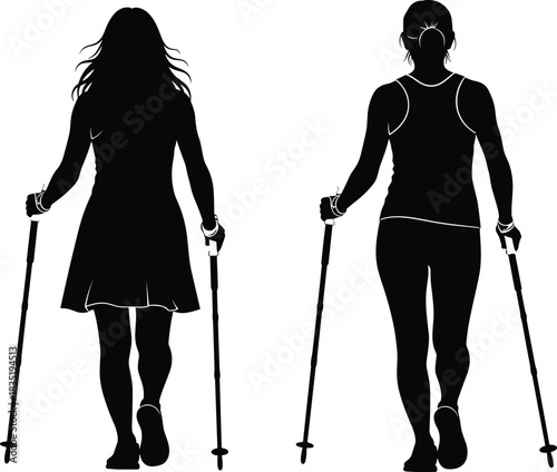 Women Nordic Walking Silhouettes Vector Illustration Set, Back View, Including Woman in Dress and Woman in Sportswear, Fitness and Healthy Lifestyle Concept