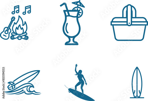 Summer vacation elements set including campfire with guitar and music notes cocktail drink picnic basket surfboard with waves surfer silhouette and surfboard isolated on white background