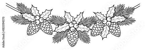 Intricate black and white illustration of pine cones and holly leaves, perfect for coloring pages, showcasing detailed patterns and natural elements for creative expression