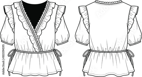 Women's Ruffled Wrap Blouse Fashion Flat CAD Drawing Vector Illustration, Short Puff Sleeves and Peplum Hem with Waist Ties, Apparel Template Technical Sketch