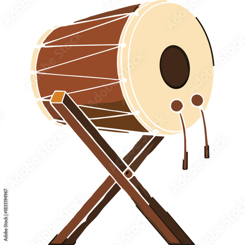 Traditional brown wooden drum with two mallets resting on a wooden stand isolated on a black background with simple flat design elements