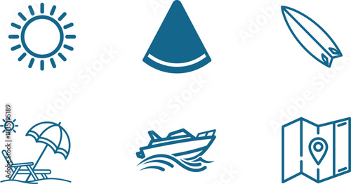 Summer Vacation Vector Line Icons Set Featuring Sunshine Watermelon Surfboard Beach Umbrella Boat and Map representing tourism and holiday destinations with clean and modern design