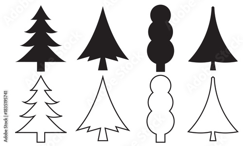 Simple Christmas Tree Icons for Design Projects. A set of minimal Christmas tree icons in filled and outline styles, useful for holiday graphics, nature themes, and modern design elements.

