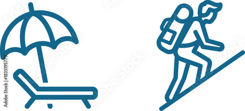 Vector illustration showing the contrast between relaxing on the beach and hiking in the mountains representing different vacation styles and choices in bold outlined graphics