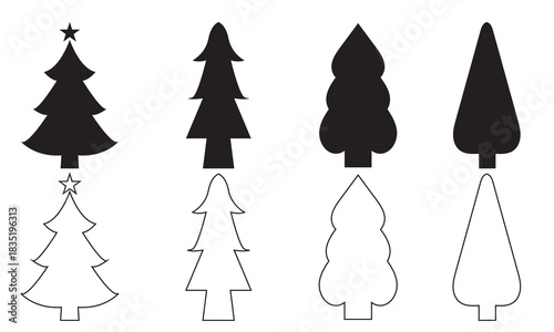Simple Christmas Tree Icons for Design Projects. A set of minimal Christmas tree icons in filled and outline styles, useful for holiday graphics, nature themes, and modern design elements.

