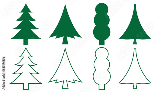Simple Christmas Tree Icons for Design Projects. A set of minimal Christmas tree icons in filled and outline styles, useful for holiday graphics, nature themes, and modern design elements.

