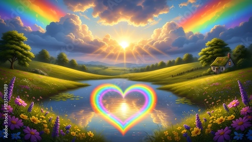 Serene landscape with rainbow heart reflecting in lake under a vibrant sky with sun rays shining down