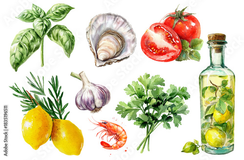 Italian coastal cuisine with fresh lemons, seafood, and Mediterranean herbs. Amalfi-inspired watercolor illustration featuring vibrant summer flavors and traditional Italian elements.