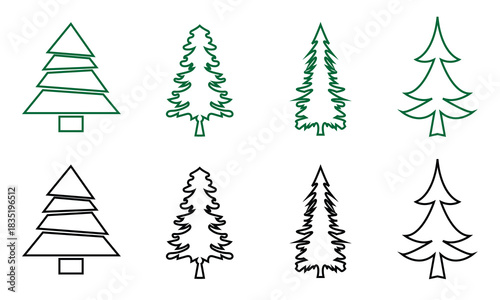 Simple Christmas Tree Icons for Design Projects. A set of minimal Christmas tree icons in filled and outline styles, useful for holiday graphics, nature themes, and modern design elements.

