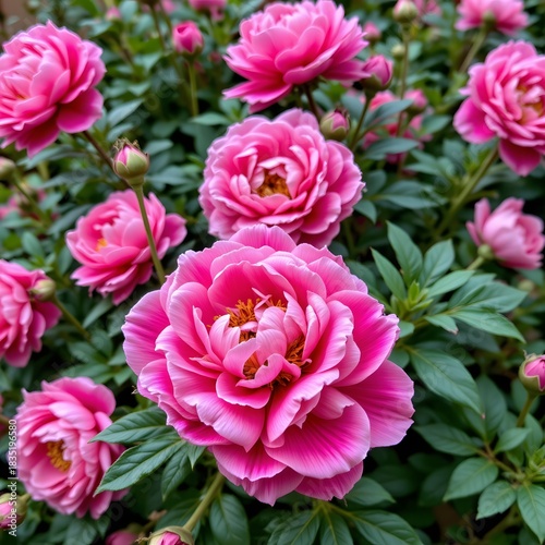 Closeup of Vibrant Pink Peony Blossoms in a Lush Garden Full of Green Leaves