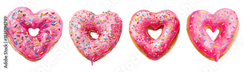 Heart shaped donuts with pink icing and colorful sprinkles, symbolizing love, sweetness, valentine's day celebrations, romantic emotions, and delicious treats