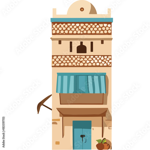 Traditional Middle Eastern Tall Sandstone Building with Blue Awning and Intricate Decorative Details Under Bright Daylight