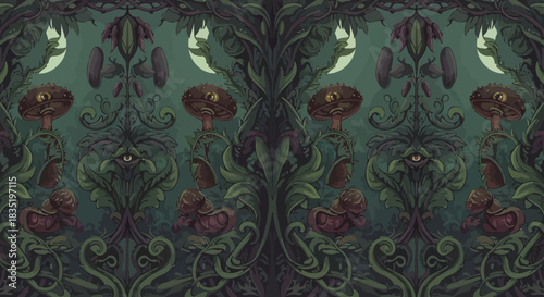 Enchanted botanical garden with mushrooms stylized plants and hidden eyes under the moonlight a whimsical dark fantasy wallpaper perfect for mystical themes.