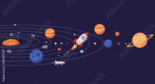 Explorers journey through a stylized solar system rocketships travel among planets on orbits ideal for astronomy and science education