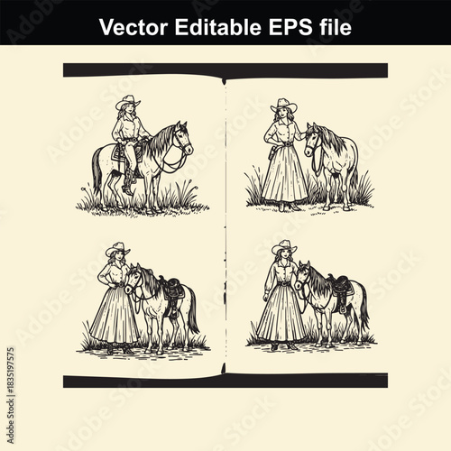 vintage vector illustration set depicting four different poses of a cowgirl standing and sitting next to her horse, presented as an editable eps file