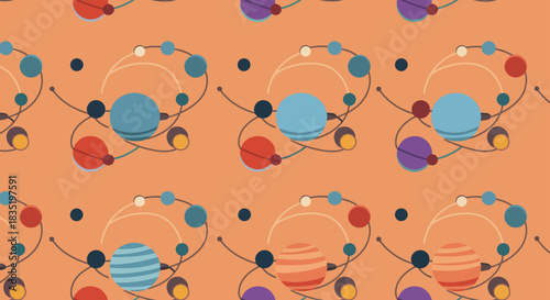 Intertwining planetary orbits illustration conceptual artwork with planets in a stylized solar system pattern on orange perfect for science education astronomy blog design.