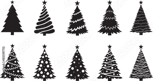 Evergreen Christmas Tree Silhouettes: Festive illustrations of various Christmas trees, capturing holiday spirit and winter charm. 