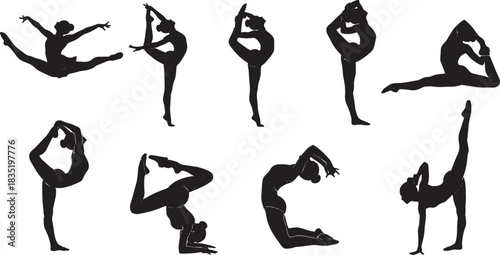 Elegant Silhouettes of Gymnasts: A collection of graceful gymnast silhouettes. Each pose is a study in precision and strength, captured against a unified backdrop.