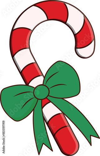Christmas Candy Cane with Green Bow – Festive Holiday Illustration
