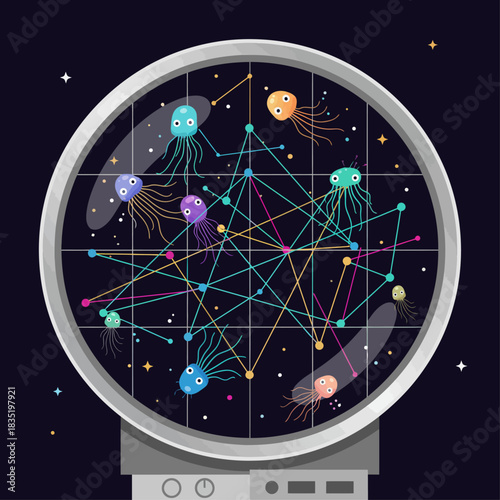 jellyfish radar a whimsical array of colorful jellyfish monitored on radar screen exploring deep sea communication perfect for oceanographic research blogs.
